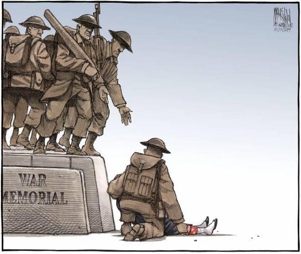 This somber cartoon, by the Halifax Chronicle-Herald's Bruce MacKinnon: fallen soldiers of another, distant conflict help a youngster to join their unforgotten ranks. 